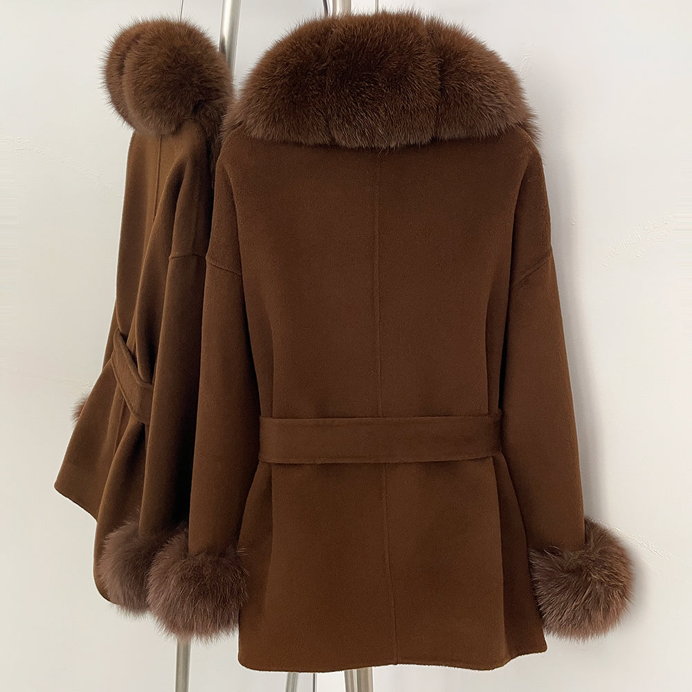 OFTBUY New Women's Double-Faced Wool Coat with Large Real Fox Fur Belted Warm Jacket Winter Elegant Fashion Outerwear Female