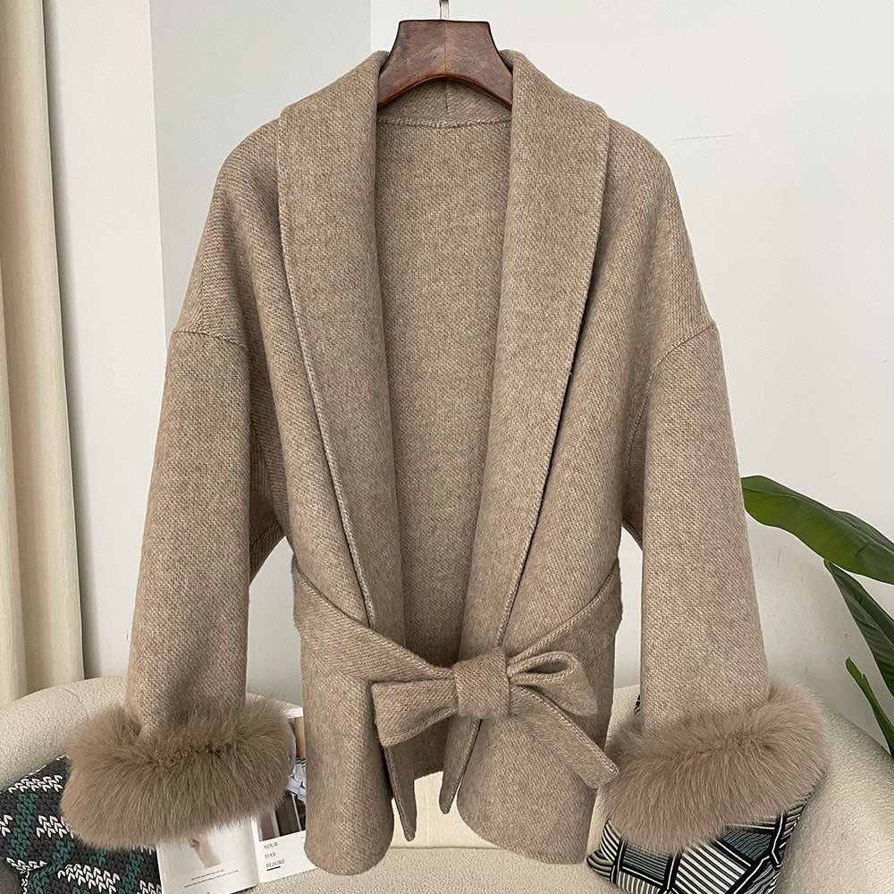 OFTBUY High End Double-sided Wool Strapping Real Wool Fur Coat Women's Removable Cuffs Fox Fur Temperament Cashmere Short Jacket