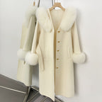 OFTBUY New Women's Wool Coat with Real Fox Fur Collar Cuffs Belted Waist Gold Button Elegant Winter Luxury Outerwear Female