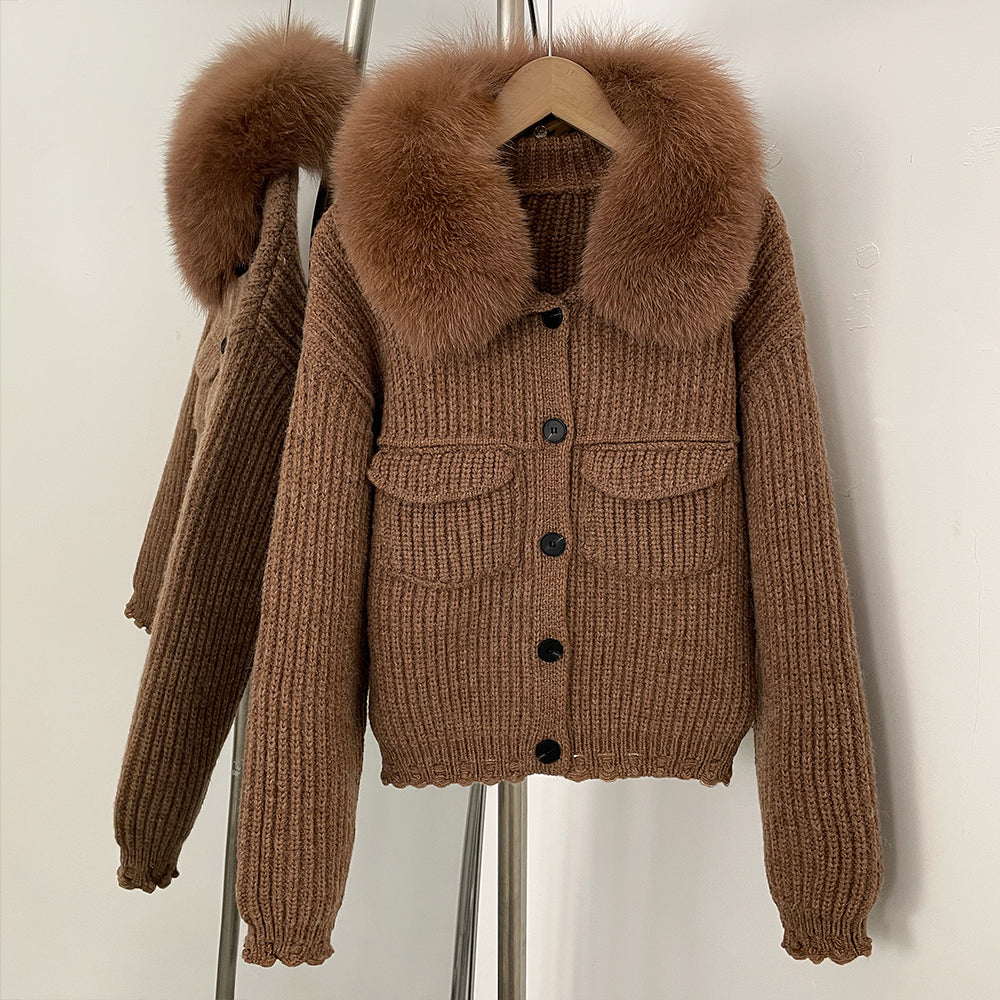 OFTBUY Short Natural Fox Fur Collar Knitted Sweater Coat FemaleReal Fur Clothing New Autumn Winter Knitting Cardigan Women