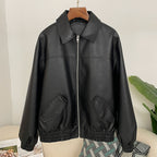 OFTBUY Women's Faux Leather Zip Up Jacket Lapel Collar PU Coat with Pockets new autumn winter Casual Vintage Outerwear female