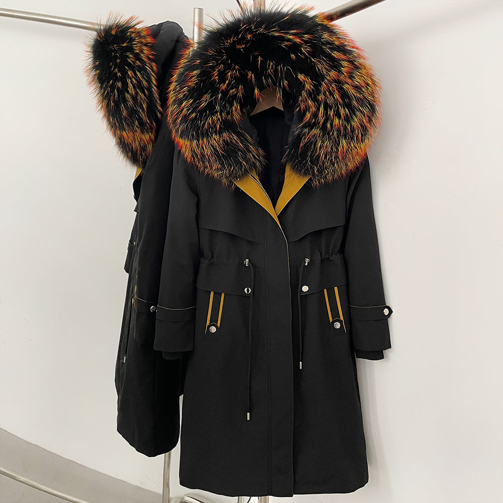 OFTBUY Long Hooded Real Fox Fur Collar Coat Women Waterproof Windproof Natural Rabbit Fur Inner Jacket New Thickened Warm Parker