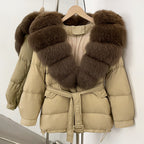 OFTBUY Thick Warm Mid-Long Puffer Coat Real Fox Fur Collar White Duck Down Coat Female Loose Warm Hooded Parkas With Belt