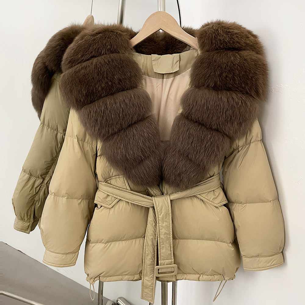 OFTBUY Thick Warm Mid-Long Puffer Coat Real Fox Fur Collar White Duck Down Coat Female Loose Warm Hooded Parkas With Belt