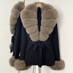 OFTBUY Belt Knit Warm Winter Luxury Casual Fashion Outerwear Sweater Female New Women's Knit Coat with Large Real Fox Fur Collar