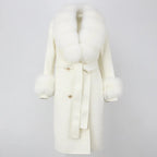 OFTBUY Winter Jacket Women Long Natural Wool Blends Cashmere Real Fur Coat Double Breasted Belt Warm Streetwear New Fashion