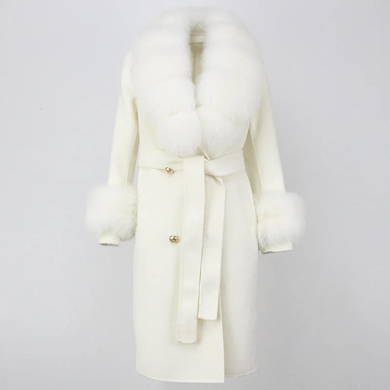 OFTBUY Winter Jacket Women Long Natural Wool Blends Cashmere Real Fur Coat Double Breasted Belt Warm Streetwear New Fashion