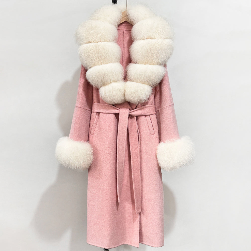OFTBUY New Women's Double-Faced Wool Coat with Large Real Fox Fur Belted Warm Winter Luxury Fashion Outerwear Woolen Jacket Lady