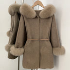 OFTBUY New Women's Wool Coat with Real Fox Fur Collar Cuffs Hooded Belted Waist Warm Winter Elegant Fashion Outerwear