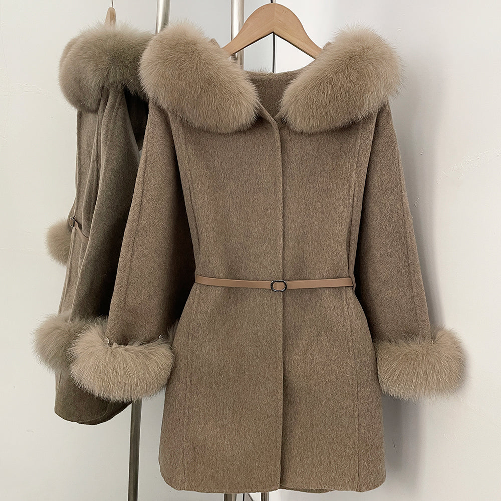 OFTBUY New Women's Wool Coat with Real Fox Fur Collar Cuffs Hooded Belted Waist Warm Winter Elegant Fashion Outerwear
