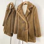 Side front view of mid-length camel faux mink fur winter coat
