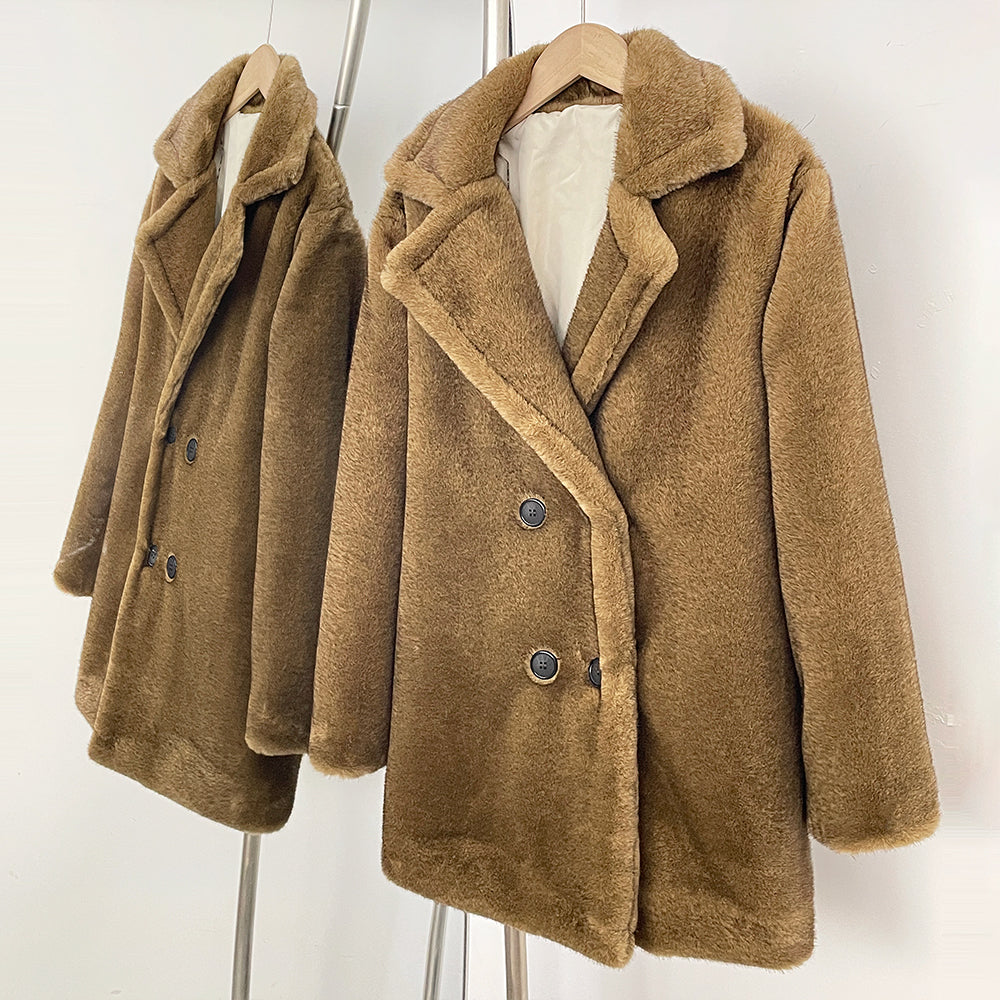 Side front view of mid-length camel faux mink fur winter coat