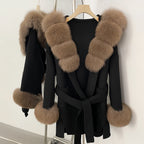 OFTBUY Real Fox Fur Wool Coat Hooded Natural Fur Collar and Cuffs New Autumn Winter Clothes Women Cashmere Woolen Jacket Lady