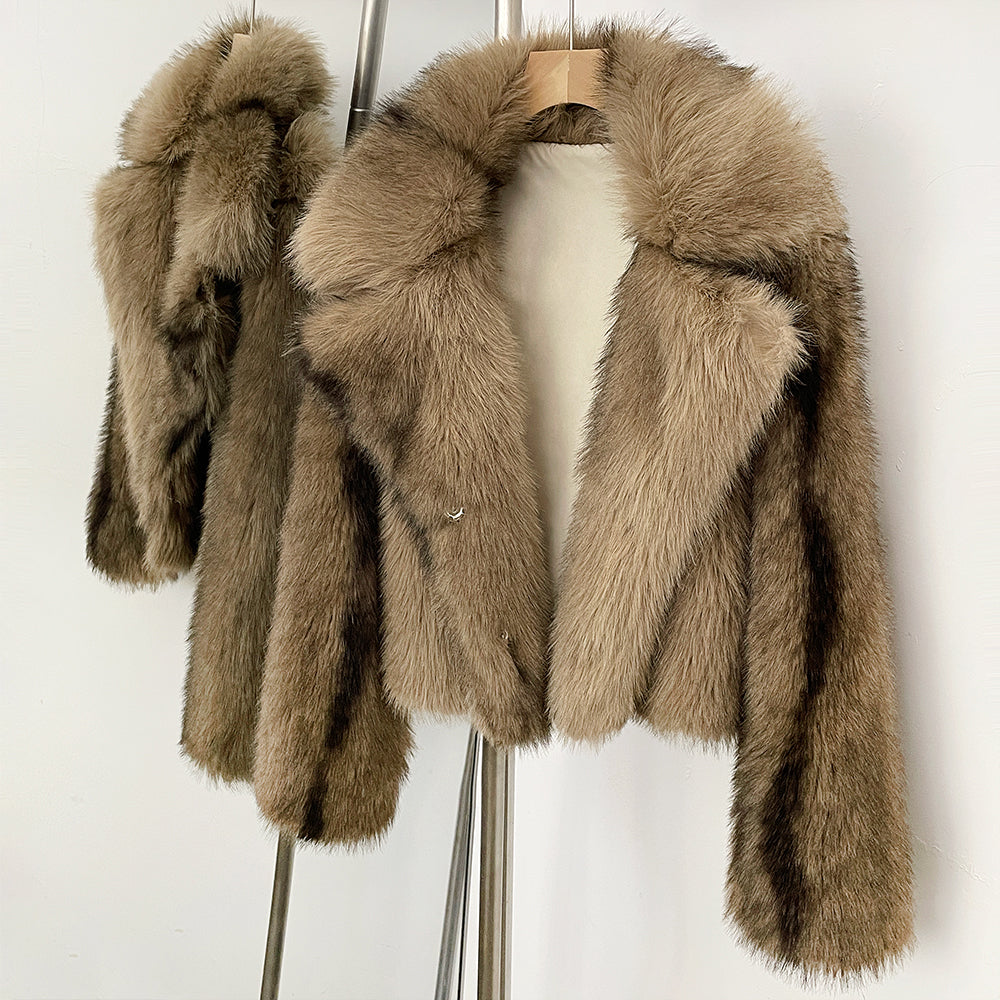 OFTBUY Luxury Oversized Lapel Faux Fur Jacket - Premium Vegan Fur Short Coat for Winter Glamour