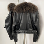 OFTBUY New Autumn Winter Clothes Women Fashion Warm Short Faux Leather Jacket Female Luxury Real Mongolia Sheep Fur Collar Coat
