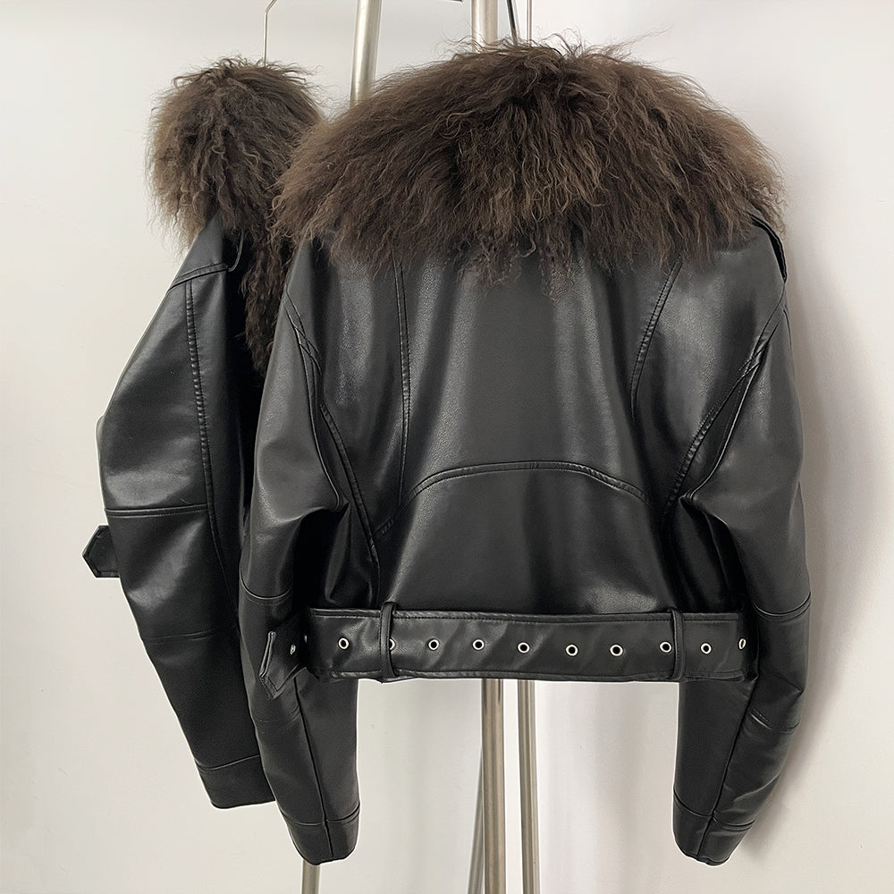 OFTBUY New Autumn Winter Clothes Women Fashion Warm Short Faux Leather Jacket Female Luxury Real Mongolia Sheep Fur Collar Coat