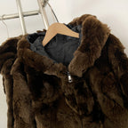 OFTBUY V-Neck Open Front Fur Jacket Female New Autumn Winter Outerwear Women's Brown Patchwork Real Rex Rabbit Fur Short Coat