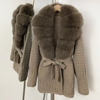 OFTBUY New Women's Knit Coat with Large Real Fox Fur Collar Belted Waist Striped Texture Pockets Winter Luxury Elegant Outerwear
