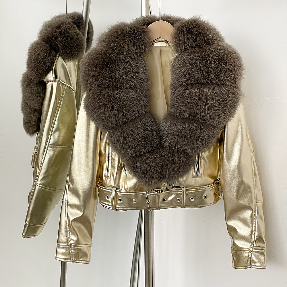 OFTBUY Natural Fox Fur Faux Leather Jacket Female New Autumn Short Top Clothing Women Long Sleeve Fake Leather Real Fur Coat