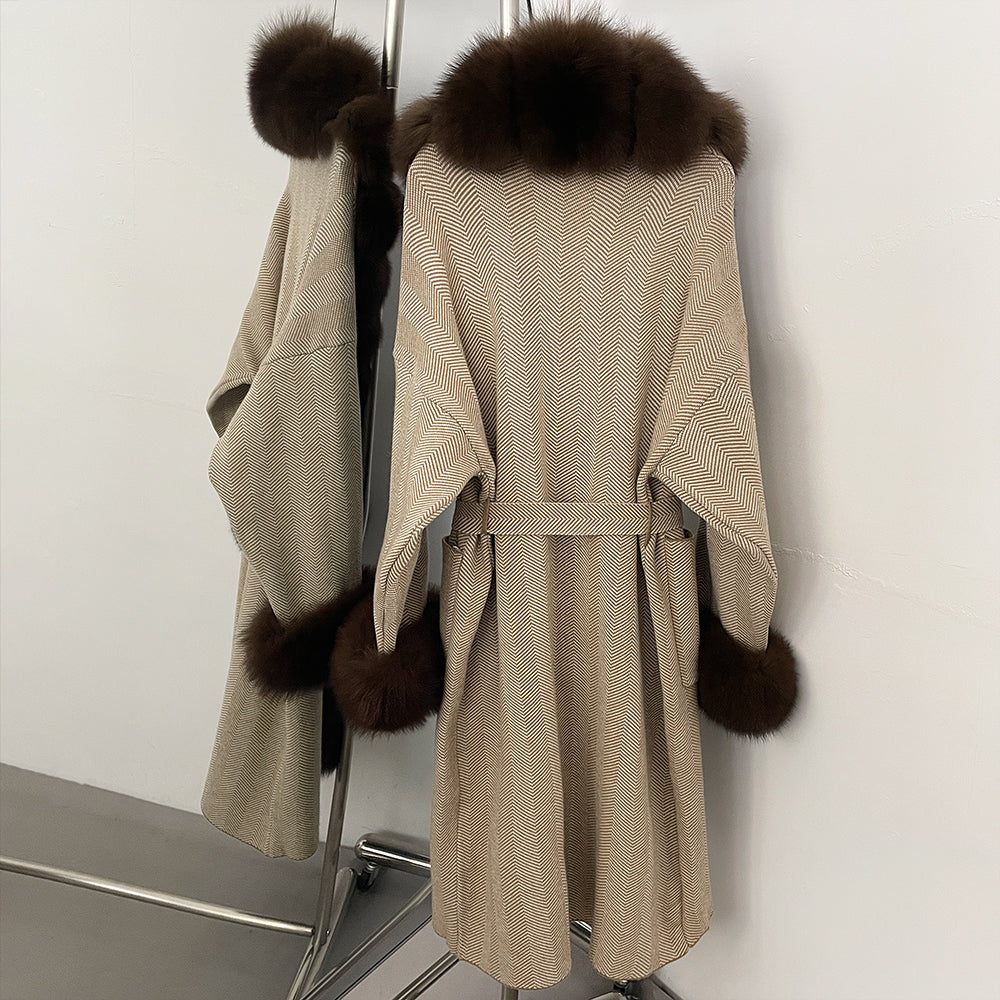 OFTBUY Trim Belted Warm Winter Coat Elegant Fashion Outerwear Female Long Sweater New Women's Knit Coat with Full Real Fox Fur