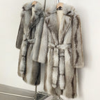 OFTBUY Luxury Long-Length Belted Faux Fur Coat - Premium Vegan Silver Fox Style Overcoat with Oversized Lapel