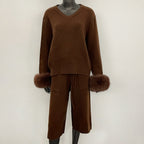 OFTBUY New Women's Knitted Two Piece Set with Real Fox Fur Cuffs V Neck Warm Winter Casual Elegant Outfit Sweater Female