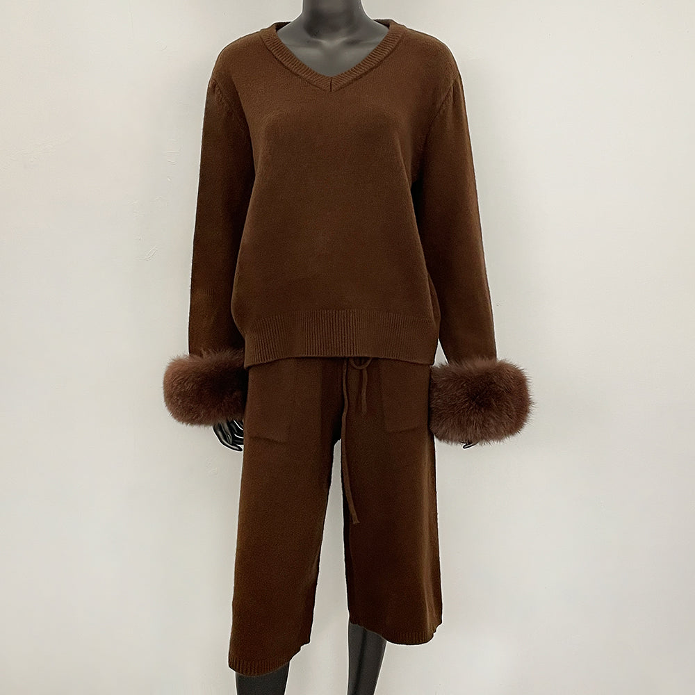 OFTBUY New Women's Knitted Two Piece Set with Real Fox Fur Cuffs V Neck Warm Winter Casual Elegant Outfit Sweater Female