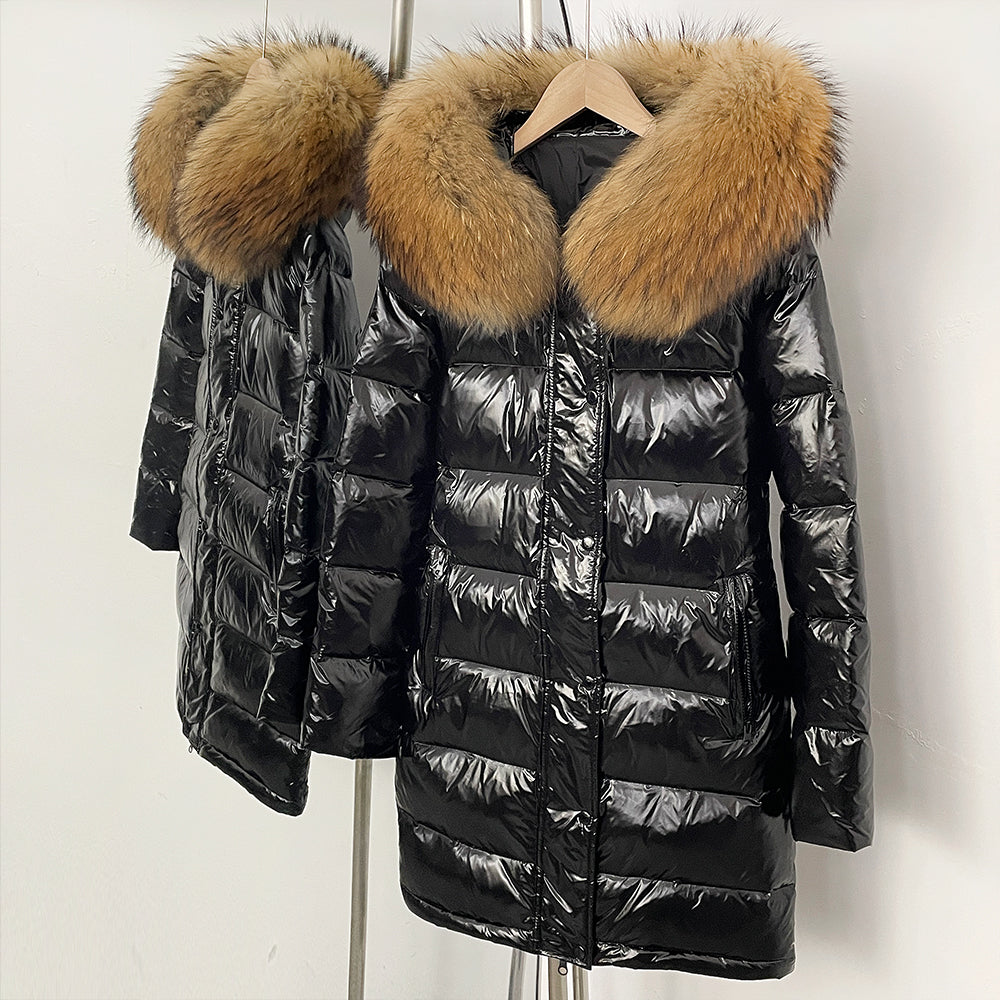 OFTBUY New Hood Collar Luxury Warm Winter Women's Shiny Puffer Jacket with Real Raccoon Fox Fur Outerwear Duck Down Coat Female