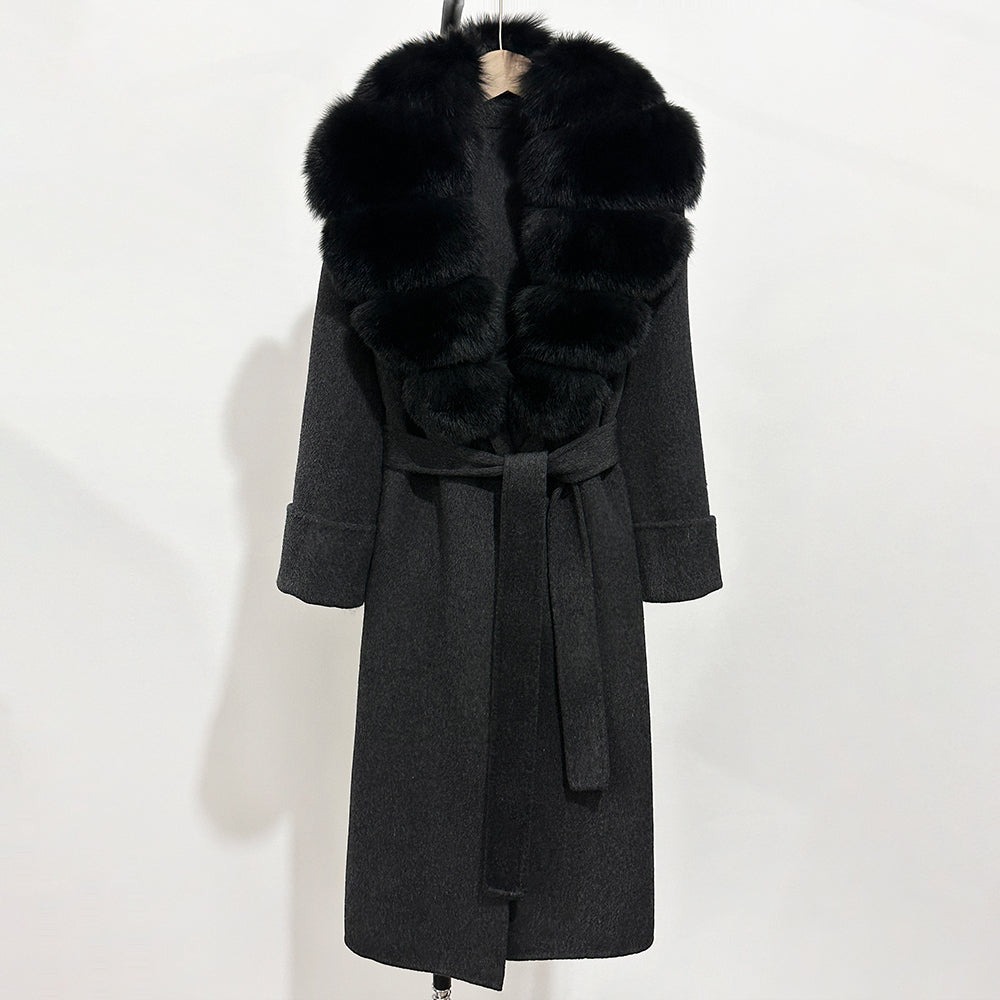 OFTBUY Long Belt 100% Wool Coat with Real Fox Fur Collar Warm Natural Fur Woolen Jacket Female New Autumn Winter Clothing Women