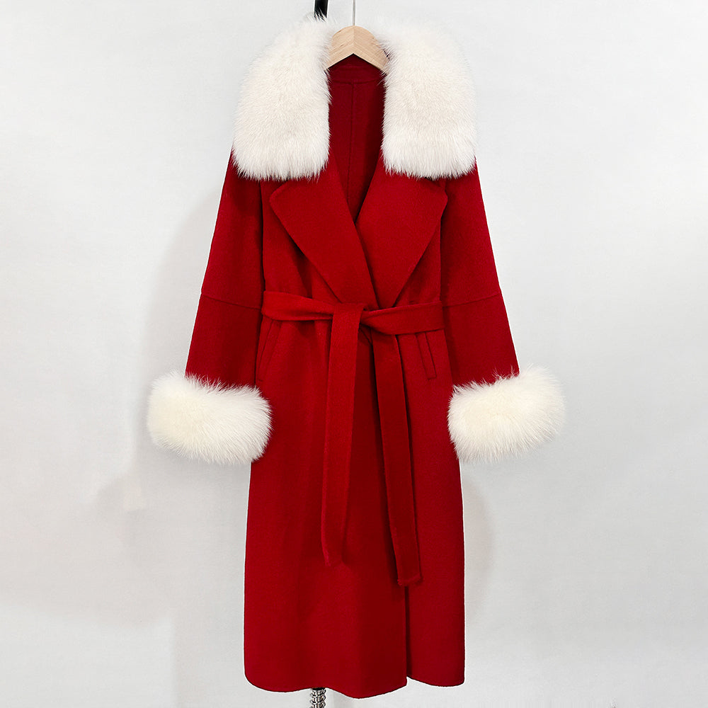 OFTBUY Fashion Warm Wool Coat with Real Fox Fur Collar New Autumn Winter Long Clothing Women Belt Elegant Woolen Jcacket Female