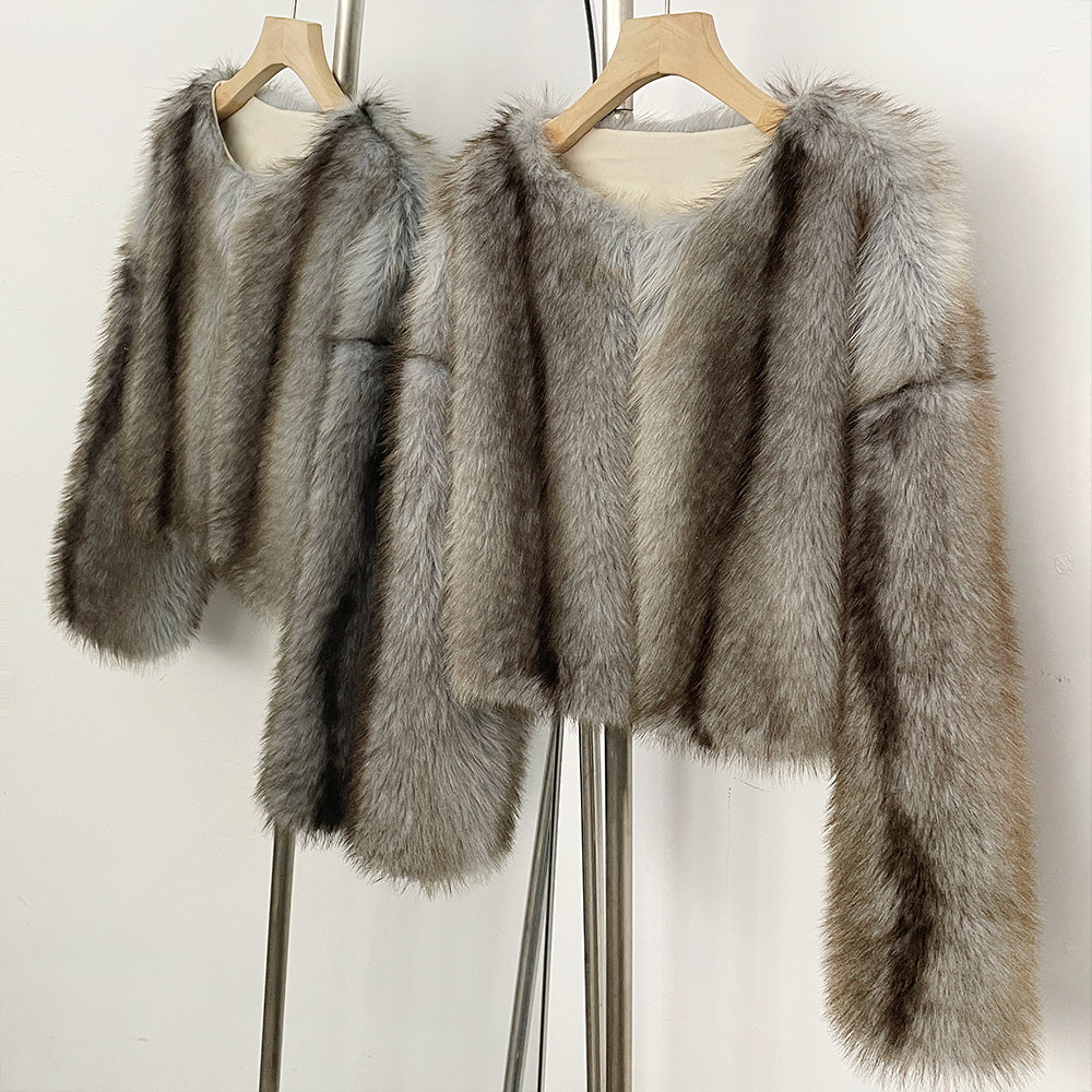 OFTBUY Luxury Collarless Faux Fur Jacket - Chic Short Fluffy Vegan Fur Coat for Women