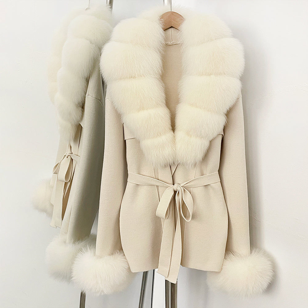OFTBUY Belt Knit Warm Winter Luxury Casual Fashion Outerwear Sweater Female New Women's Knit Coat with Large Real Fox Fur Collar