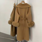 OFTBUY New Women's Double-Faced Wool Coat with Real Fox Fur Cuffs Wide Lapel Belted Bow Long Warm Winter Elegant Outerwear Lady