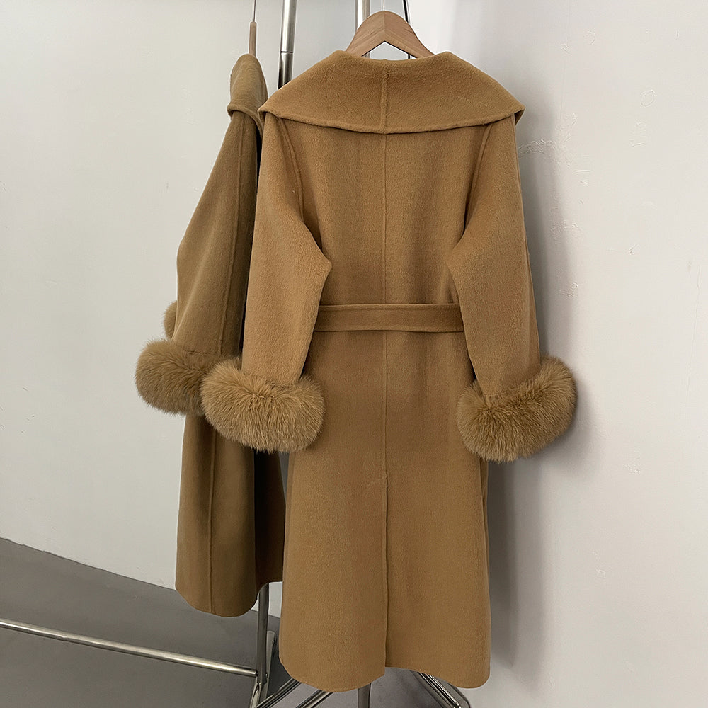 OFTBUY New Women's Double-Faced Wool Coat with Real Fox Fur Cuffs Wide Lapel Belted Bow Long Warm Winter Elegant Outerwear Lady