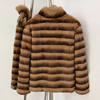  Back full view of horizontal gradient stripe genuine rabbit fur winter jacket