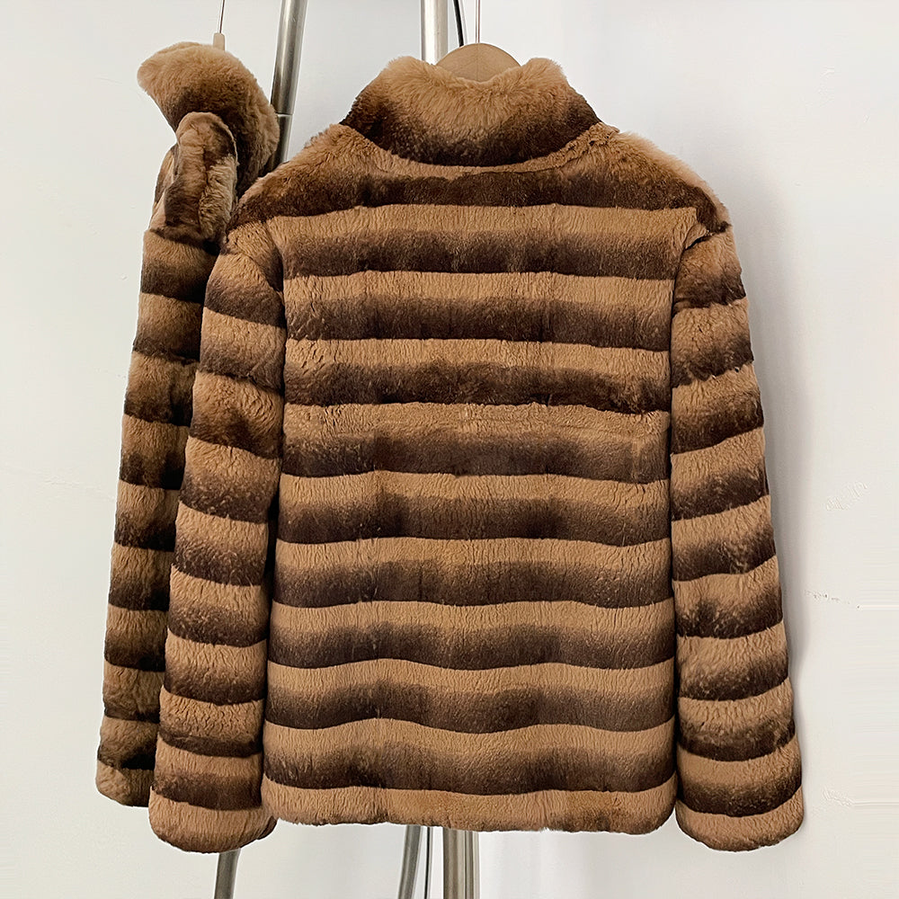 Back full view of horizontal gradient stripe genuine rabbit fur winter jacket
