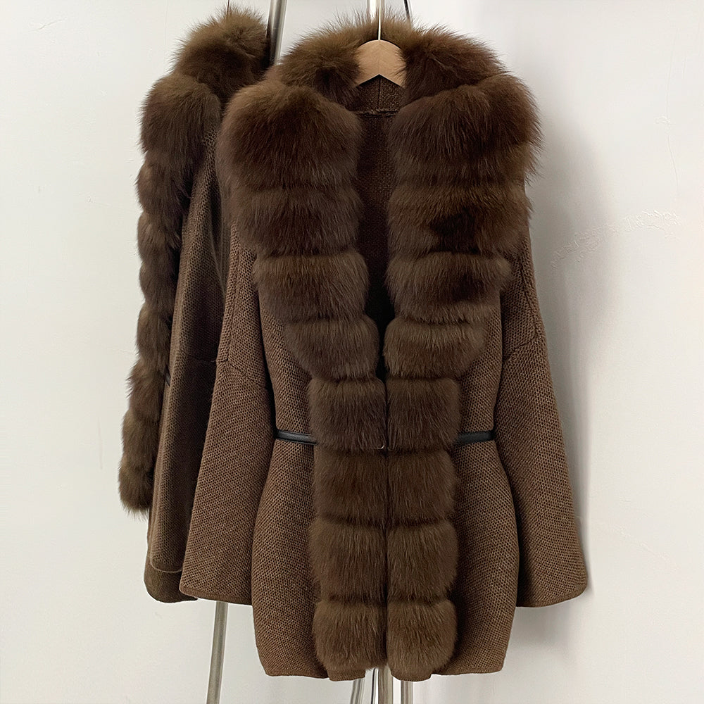 OFTBUY Metal Belt Knit Warm Winter Luxury Fashion Outerwear Sweater Cardigan New Women's Knit Coat with Full Real Fox Fur Front