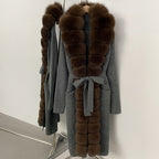 OFTBUY New Women's Knit Long Coat with Full Real Fox Fur  Belted Pockets Warm Winter Elegant Fashion Outerwear Cardigan Sweater