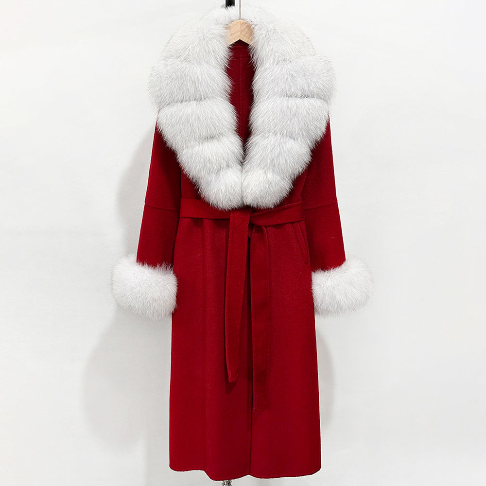 OFTBUY New Women's Double-Faced Wool Coat with Large Real Fox Fur Belted Warm Winter Luxury Fashion Outerwear Woolen Jacket Lady