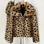 Classic camel leopard print cropped genuine real rabbit fur jacket with wide blazer lapel