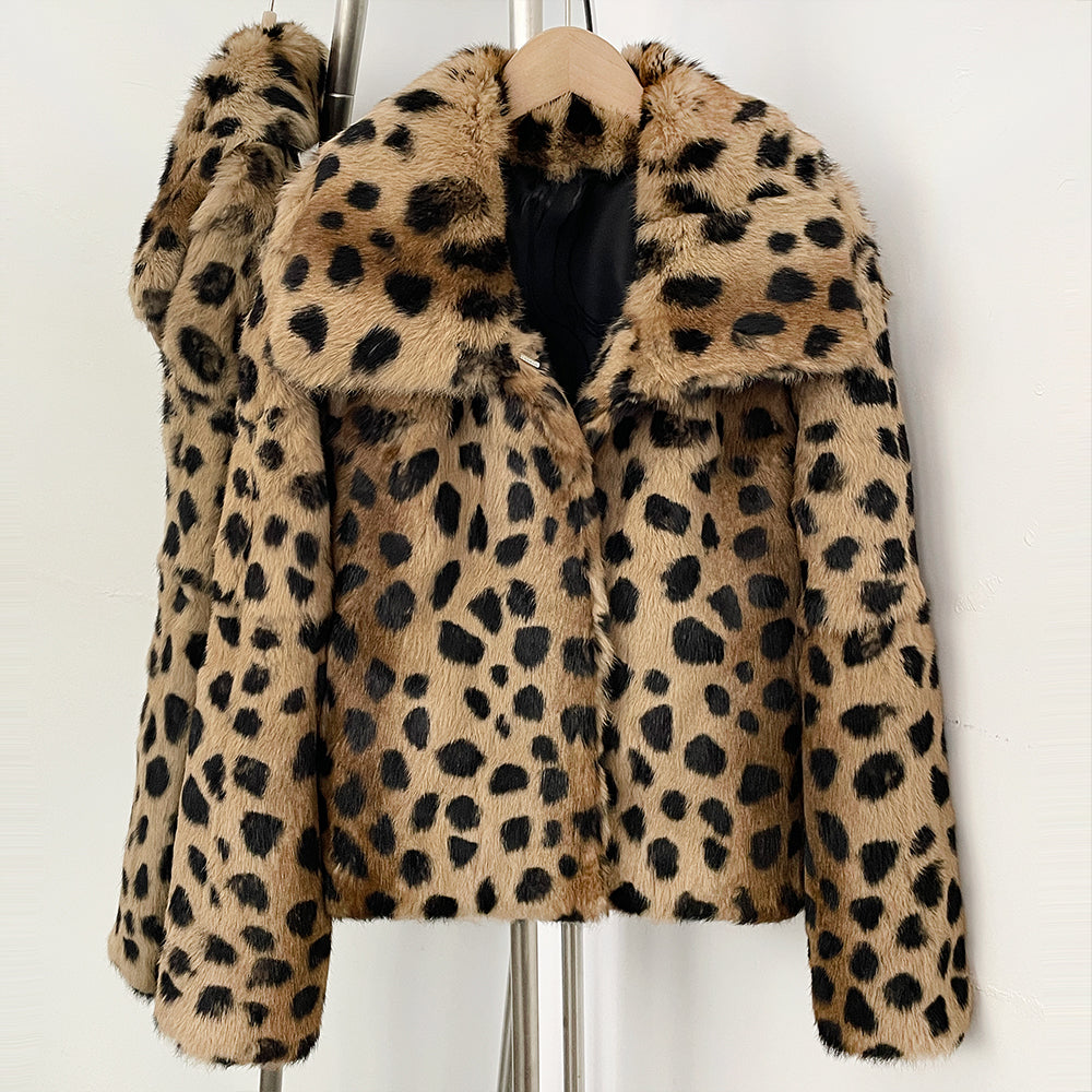 Classic camel leopard print cropped genuine real rabbit fur jacket with wide blazer lapel