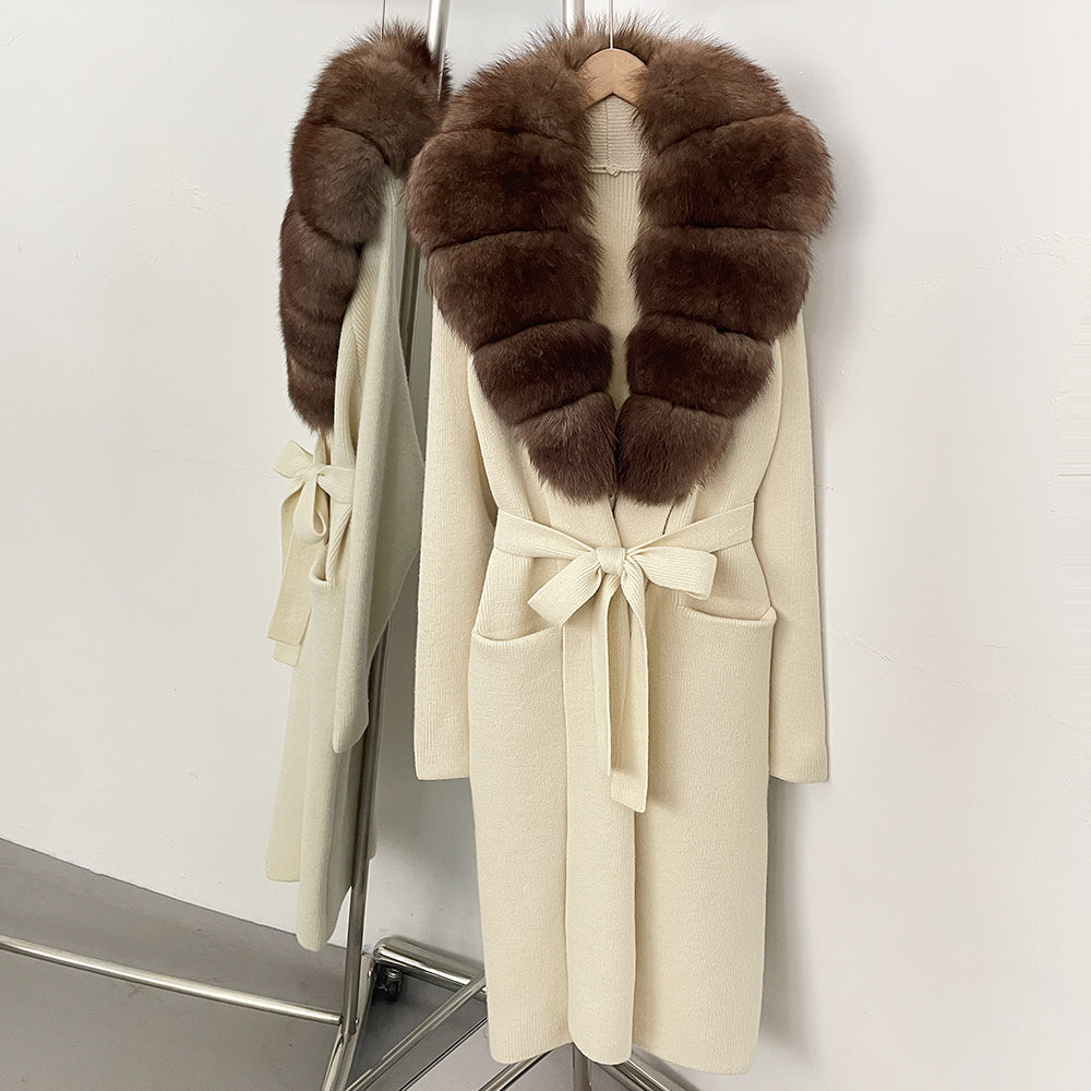 OFTBUY Women's Luxury Brown Knit Cardigan with Real Fox Fur Collar Belted Sweater Coat Female New Fashion Warm Winter Outerwear