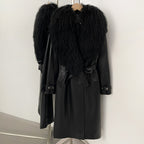OFTBUY New Women's Long Faux Leather Trench Coat with Real Mongolian Sheep Fur Collar Belted Waist Luxury Jacket Warm Outerwear