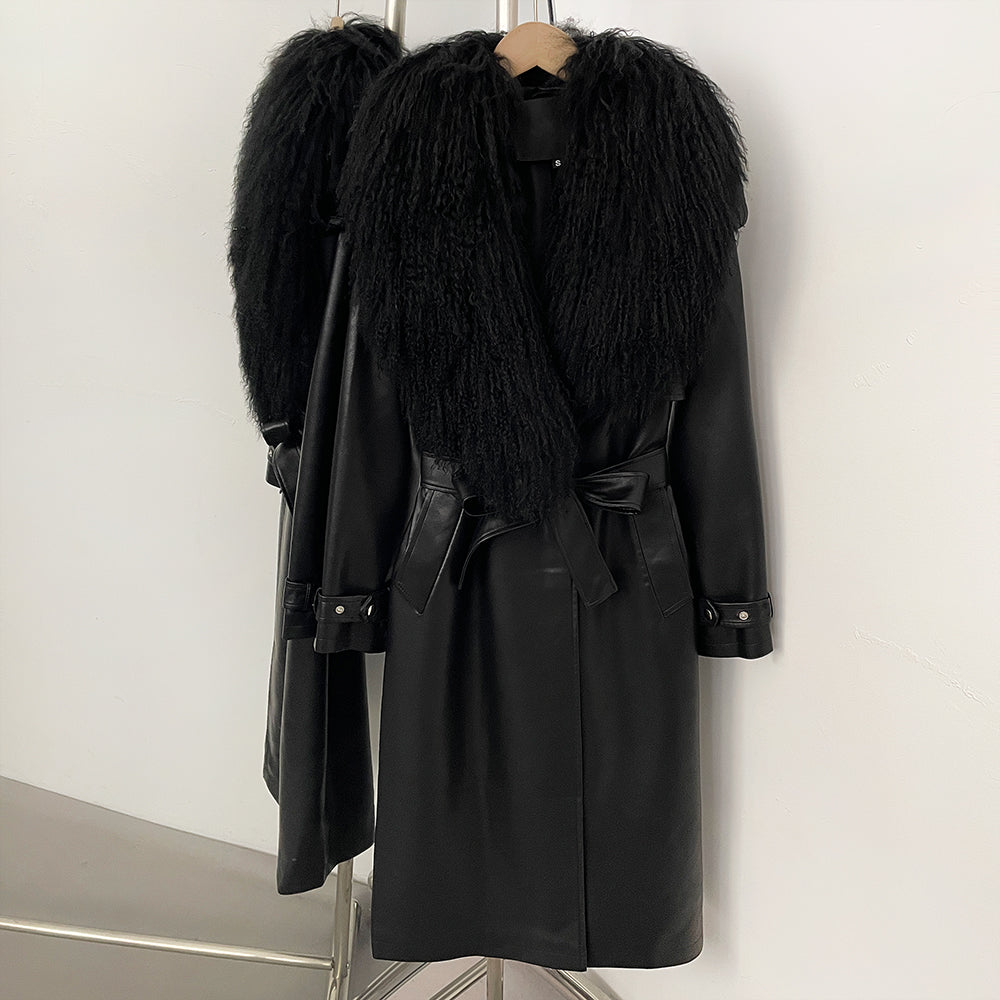 OFTBUY New Women's Long Faux Leather Trench Coat with Real Mongolian Sheep Fur Collar Belted Waist Luxury Jacket Warm Outerwear
