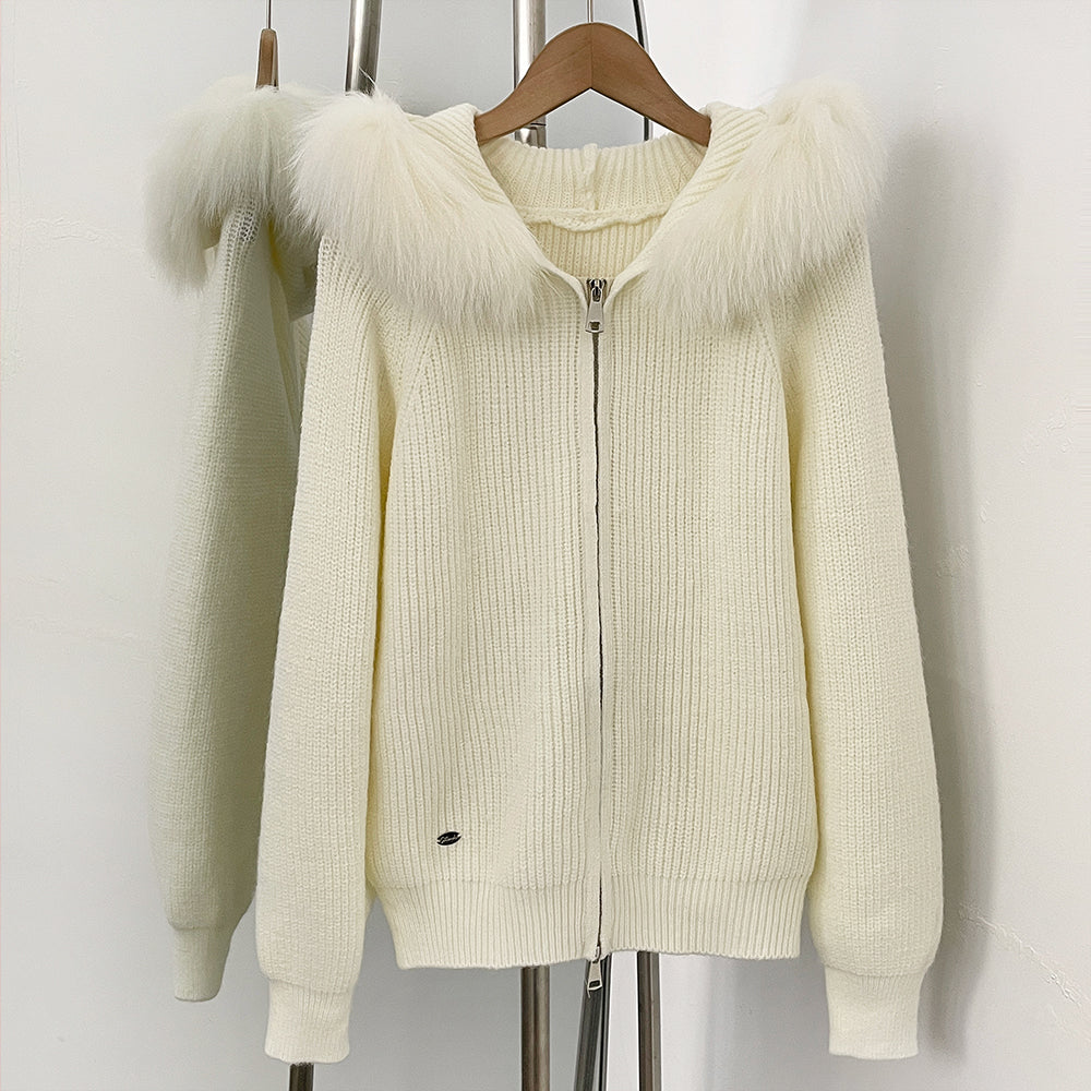 OFTBUY Natural Fur Knitted Sweater Jacket Hooded Real Fox Fur Cardigan Coat Women New Autumn Winter Zipper Warm Clothes Female