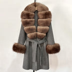 OFTBUY New Autumn Winter Top Clothes Women Belt Natural Fur Wool Coat Female Fashion Warm Woolen Jacket with Real Fox Fur Collar