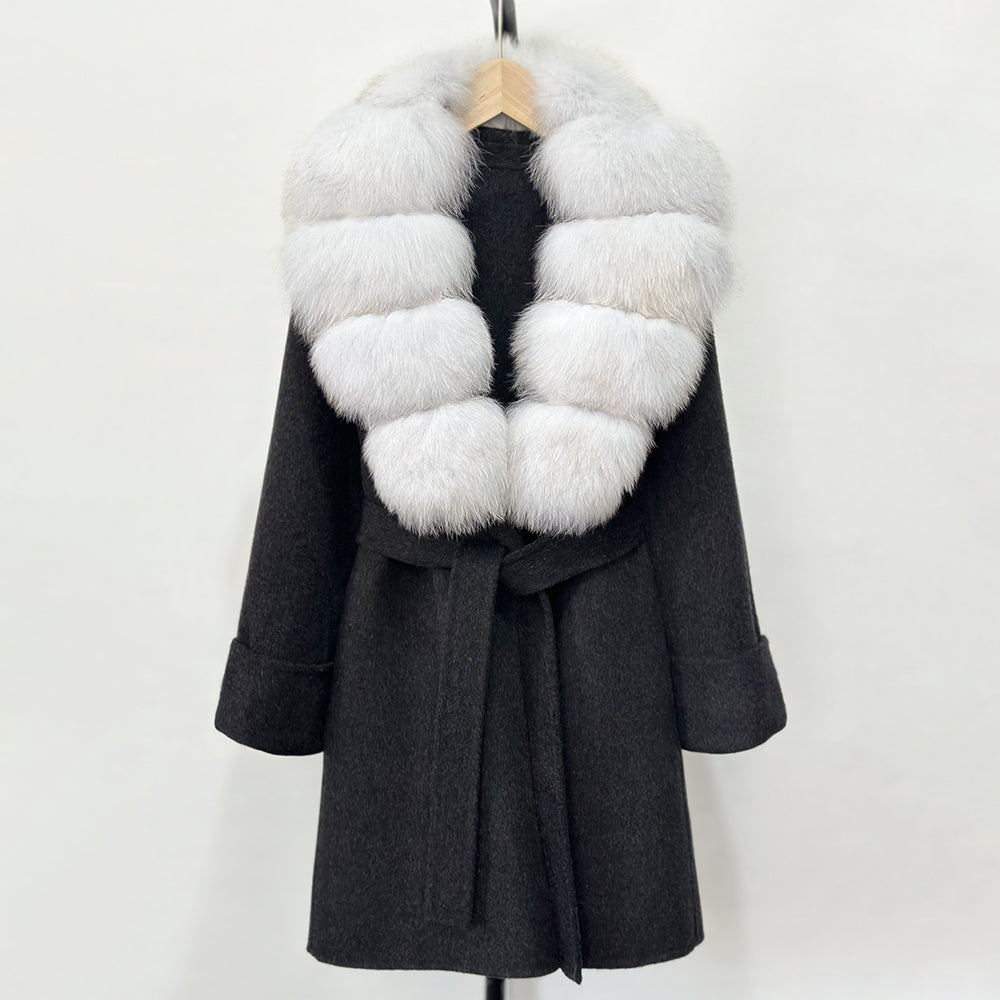 OFTBUY Natural Real Fox Fur Wool Blends Coat Women New Belt Pocket Winter Jacket Female Loose Woolen Outerwear Streetwear