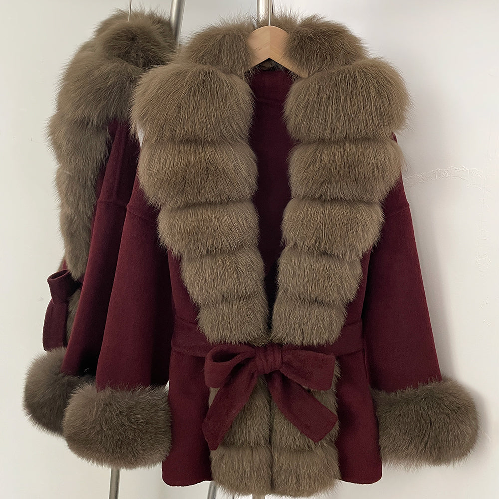 OFTBUY Big Natural Fox Fur Pinnacle 100% Wool Coat Female New Autumn Winter Clothes Women Belt Natural Fur Collar Woolen Jacket