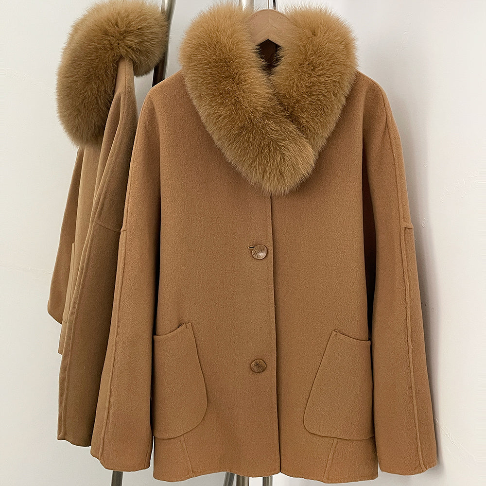OFTBUY New Women's Wool Coat with Large Real Fox Fur Collar Loose Fit Back Detail Pockets Warm Winter Elegant Fashion Outerwear