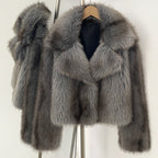 Urban chic dark grey short faux fur jacket for winter styling